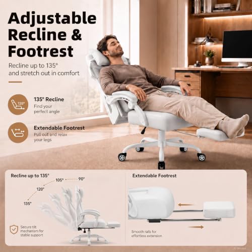 GTPLAYER Gaming Chair, Computer Chair with Mesh Back, Ergonomic Game Chair with Footrest, Reclining Game Chair with Adjustable Headrest and Lumbar Support for Gaming and Office (White) - Image 7