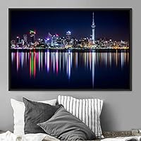 Framed Canvas Wall Art City Illuminations Aerial Cityscape Contemporary Multicolor Photography Places Realism - 16x24 inches