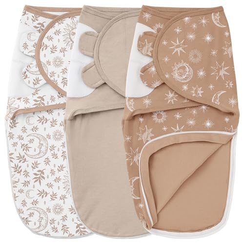 Image of Unnivoll Baby Swaddles for Newborns with Zipper, 100% Cotton Newborn Swaddle Sack, 3 Pack Baby Swaddles 0-3 Months Swaddle Sleep Sack for Newborn Baby Boy Girl Beige Coffee Solar