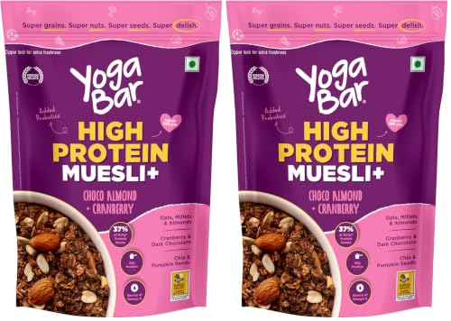 Image of Yogabar High Protein Muesli 850g | 23g per 100g Protein | Choco Almond & Cranberry | Easy on gut (Pack of 2)