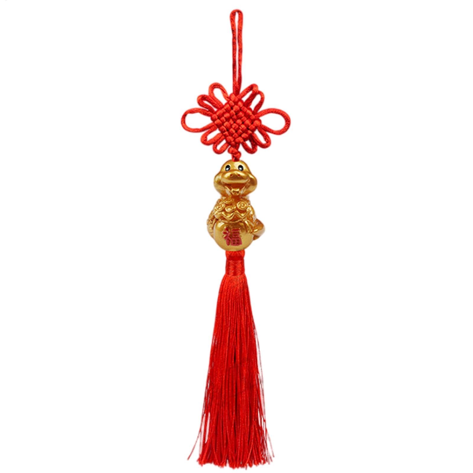Nœud chinois Année du Serpent avec pampille rouge et idéogramme Fu pour déco