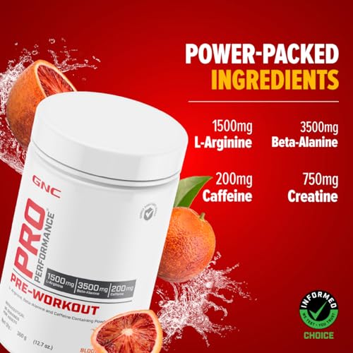 Image of GNC Pro Performance Pre-Workout | 360 gm | 30 Servings | Boosts Pump & Energy | Speeds Up Recovery | 1500 mg L-Arginine | 3500 mg Beta-Alanine | 200 mg Caffeine | Blood Orange