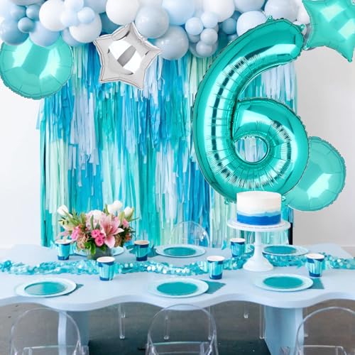 Image of Teal Blue Number 6 Balloons 40 Inch Mermaid 6th Birthday Theme 5 Pcs | Big Helium Mylar Digital Balloon Anniversary Wedding Party Decor Supplies