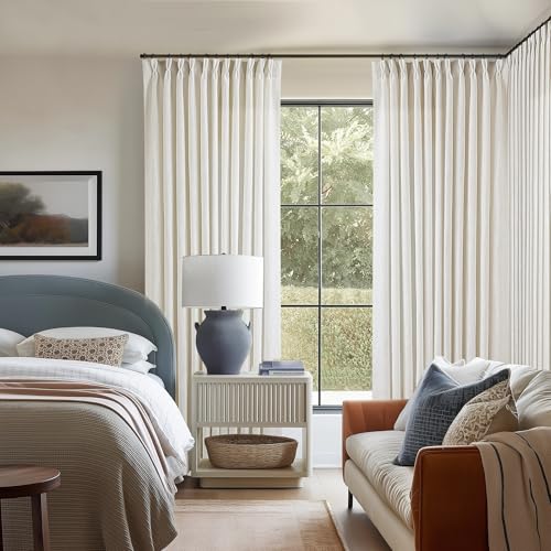 Image of TWODRAPES Pinch Pleated Extra Wide Curtain Panels 96 Inches Long 70 Wide Linen Curtain for Patio Sliding Glass Door Semi Sheer Cream Hooks Rings Privacy 96 Inch Length for Living Room 70x96 1 Panel