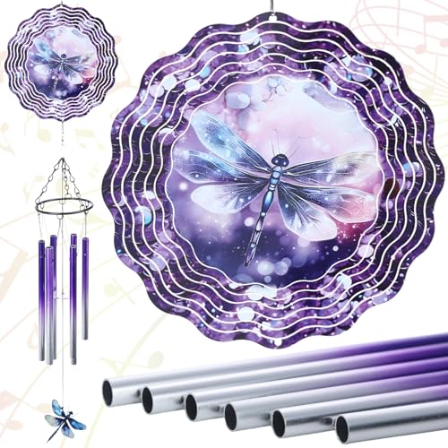 LIRAVENO Dragonfly Wind Chime Outdoor - Metal Windchime with Spinners Dragonflies Gifts for Women Garden Patio Yard Home Decor Outside Indoor Hanging...