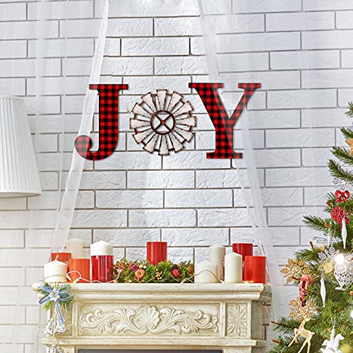 3 Pieces Christmas Joy Letter Sign Home Decor Wooden Windmill Wall Decor Rustic Buffalo Plaid Wood Letter Home Sign Windmill Wall Sculpture Home For Christmas Holiday Farmhouse Home Decor (Red Black) #TOP3