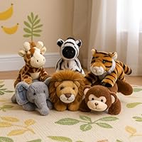Safari Jungle Animal Plush Toys Set, 6 Pieces, Lion Elephant Zebra Giraffe Tiger Monkey, Party Decorations