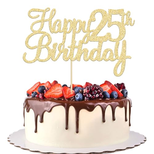 Gyufise 1Pc Happy 25th Birthday Cake Topper Glitter 25th Birthday Cake Pick Cheers to 25 Years Old Twenty five Fabulous Cake Decorations for 25th Birthday Theme Party Supplies Gold