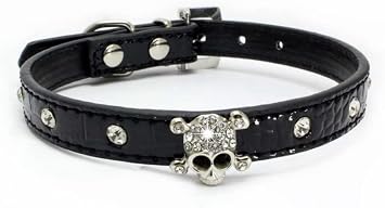 Cute Dazzling Sparkling Elegant Fancy Skull Diamond Crystal Rhinestone Leather Small Pet Dog Cat Collar Puppy XS, Black