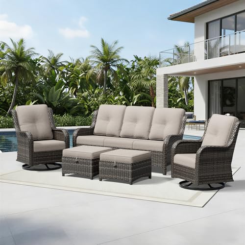 Image of Joyside 5 Piece Wicker Patio Furniture Set, Outdoor Swivel Rocker Patio Chairs with High Back, Deep Seating, Wide Armrest, Thickened Cushions, Outdoor Furniture for Deck, Porch Use