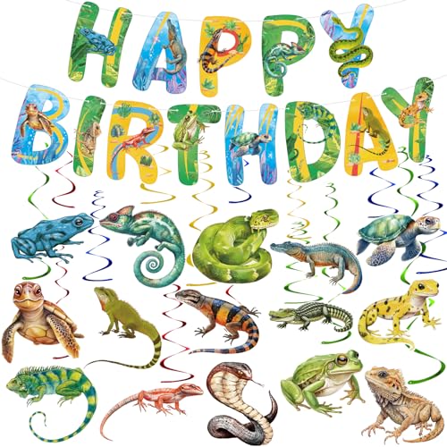 Image of Hooqict Reptile Birthday Party Decorations Reptile Swamp Happy Birthday Banner and 15 Pcs Hanging Swirls Safari Animals Lizard Snake Alligator Turtle Party Favors Supplies