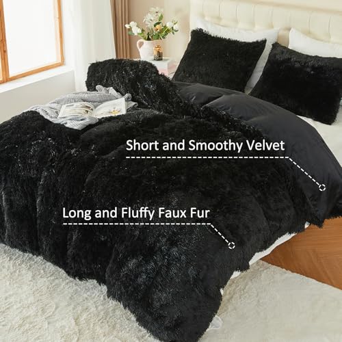 Image of EMME Luxury Fuzzy Duvet Cover Set Twin Size Fluffy Comforter Cover Set for Twin Bed 2 Pieces Shaggy and Plush Soft Bedding Duvet Covers (Black, Twin)
