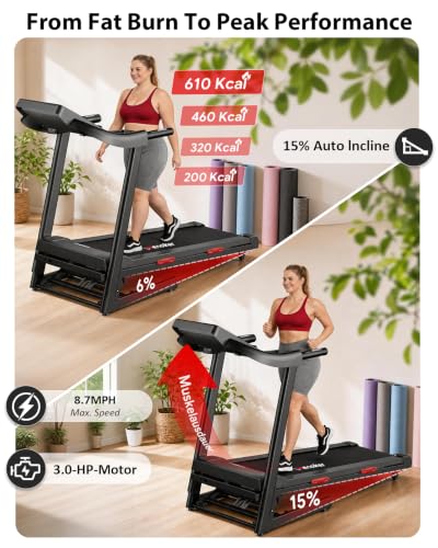 Image of WENOKER Treadmill for Home, Folding Treadmill with 15% Auto Incline | 3.0HP Folding Treadmill with App,12 Workout Programs, Max 8.7 MPH Running Machine, 300 LBS Capacity
