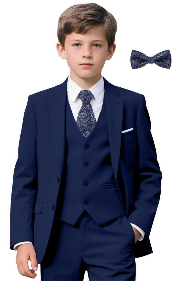 Photo 1 of Suits for Boys Navy Blue Wedding Ring Bearer Suit 6 Pieces Kids Tuxedo Jacket Vest Pants Set Shirt and Bow Tie Big Boy Formal Dresswear School Clothes Size 8