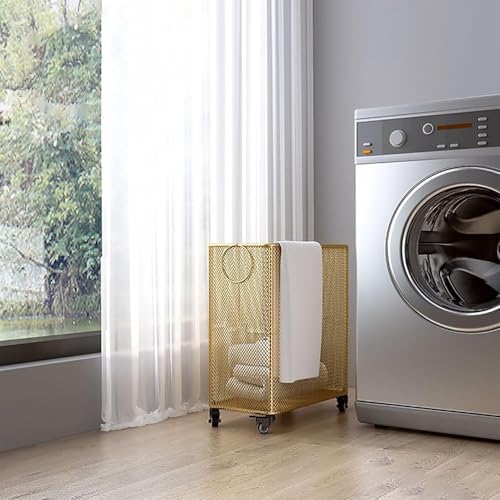 Panier à linge à roulettes en fil robuste et design doré - 7