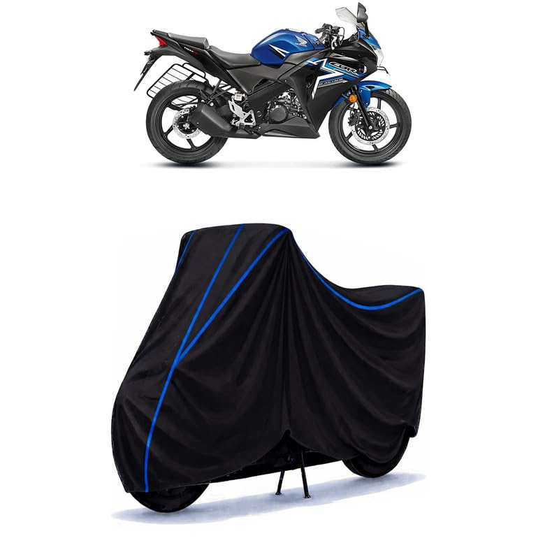 Image of CBR 150R Bike Cover Water Resistant Universal Motorcycle Rain | Heavy Duty UV Protection, Dust, Scratch Indoor Outdoor All Weather with Black Blue Piping Elastic
