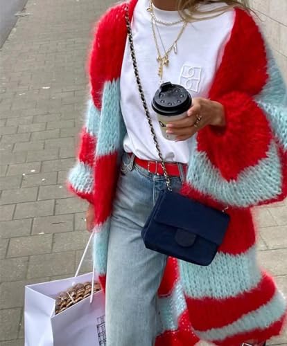 Image of Womens Color Block Striped Cardigan Sweaters Loose Knitted Long Open Front Cardigans(-Red-S)