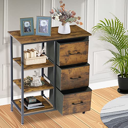 Rustic Storage Dresser With Drawers And Shelves -28''L×13''W×32''H Industrial Storage Cabinet With 3 Lightweight Linen Drawers, Metal&Wood Entryway Storage Unit,Kitchen Coffee Bar Cabinet,Dark Brown #TOP5