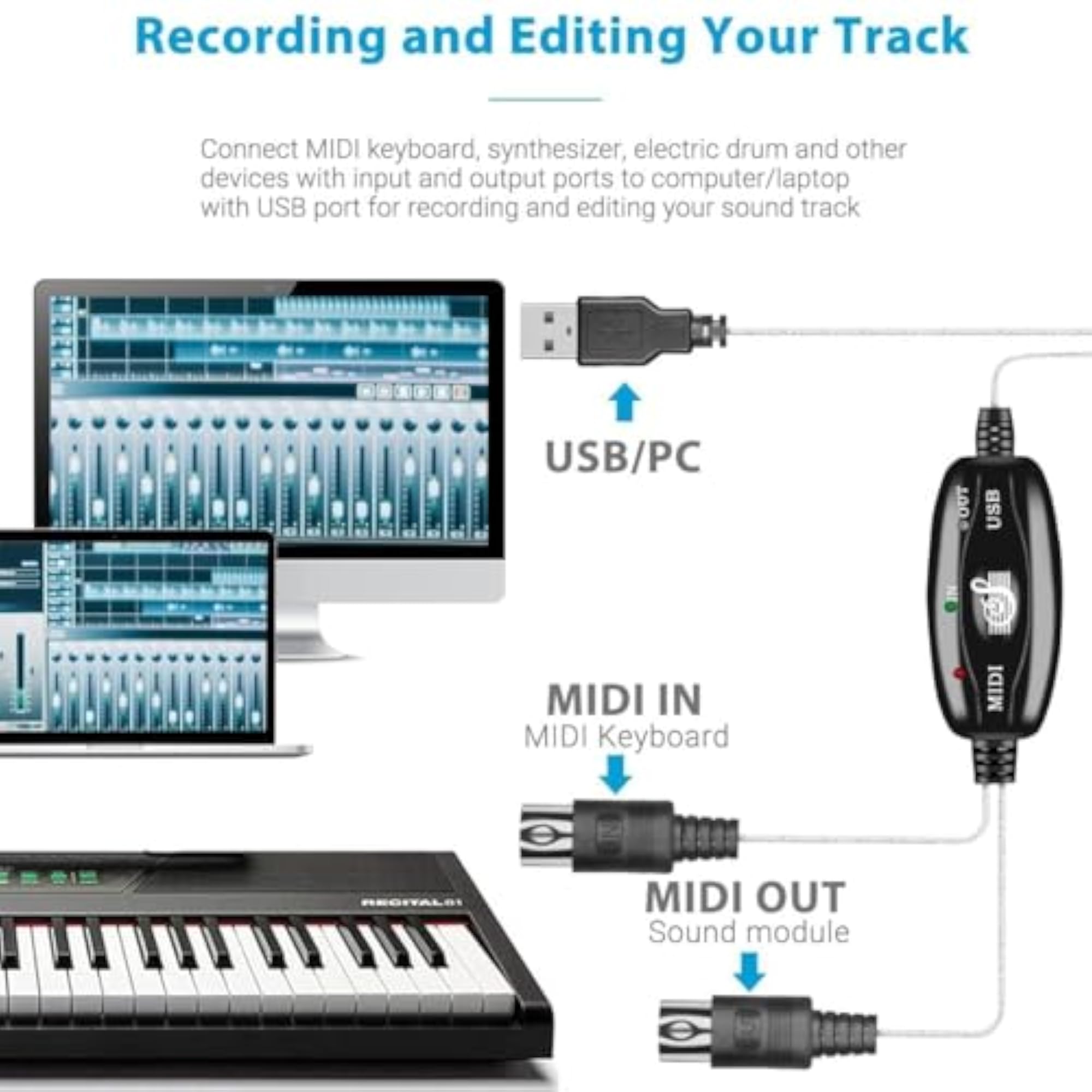 USB Midi Cable Lead Adaptor for Musical Keyboard