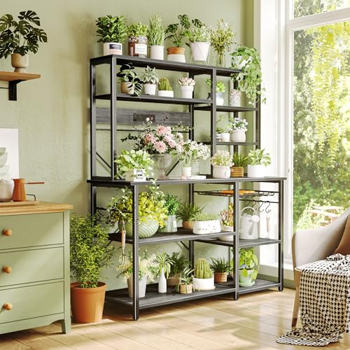 Image of SUPERJARE Larger Bakers Rack with Power Outlets, 6-Tier Microwave Stand, Coffee Bar with 12 S-Shaped Hooks, Kitchen Shelf with Wire Basket, 47.2 x 15.5X 66.9 Inches, Grey