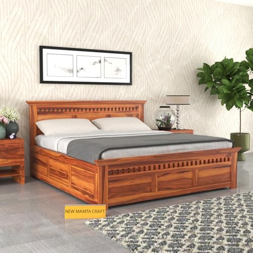 Image of Sheesham Wood Adolph King Size Bed with Box Storage for Bedroom Living Room Wooden Double Bed Palang (Honey Finish)