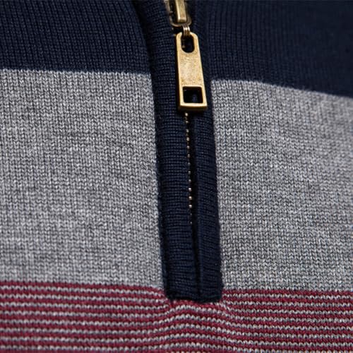 Men's Quarter-Zip Sweater Cotton Stand Collar Contrasting Color Stripes Fall Knitted Pullovers Top2