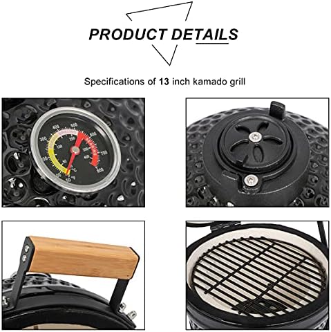 13-Inch Ceramic Charcoal Grill – Modern Style BBQ Smoker with Superior Heat Retention, Portable Egg-Shaped Outdoor Grill for Camping, Patio & Backyard Cooking – Black