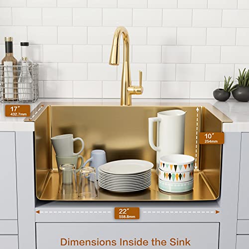 Image of Gold Drop In Kitchen Sink 25 inch X 22 inch, 25 Inch Top Mount 16 Guage T-304S Stainless Steel Kitchen Sinks, 10 Inch Deep Single Bowl laundry Sink with Accessories