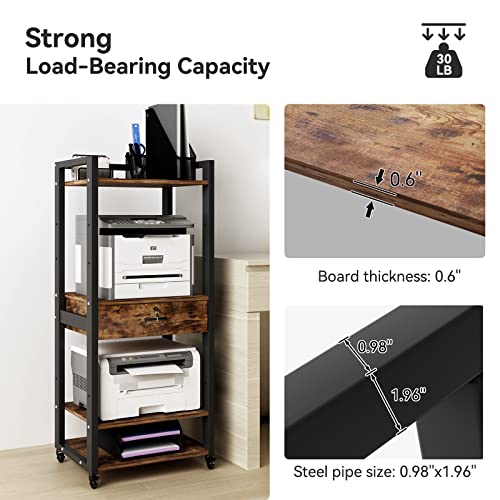 Natwind 4-Tiers Home Office Printer Stand Rack With Drawer Mobile Double Printer Cart With Adjustable Shelves Large Storage Rack On Wheels For Home Office Study Kitchen (Retro) #TOP2