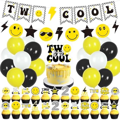 Two Cool 2nd Birthday Party Decorations for Boys - Black Yellow Lightning Star Smiley Face Checkered Banner Balloons Cake Cupcake Toppers, Perfect for Two Year Old Happy Dude's Birthday Decorations Cover