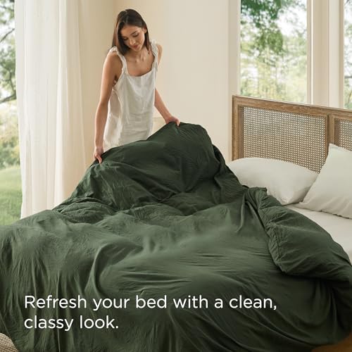 Image of Bedsure Prewashed Duvet Cover Only, Cotton-Like Feel, Olive Green, King | 1 Duvet Cover, No Pillow Shams, Ultra Soft, Relaxed Texture, Zipper Closure, 8 Corner Ties, Year-Round, OEKO-TEX, Easy Care