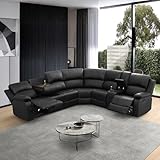 SIENWIEY Manual Leather Recliner Sectional Sofa for Living Room,L Shaped Reclining Sectional Corner Couch,Black Leather Recliner Sofa Set with Storage Console/Drop Down Coffee Table/Cup Holders