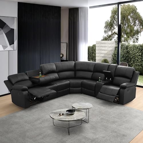 SIENWIEY Manual Leather Recliner Sectional Sofa for Living Room,L Shaped Reclining Sectional Corner Couch,Black Leather Recliner Sofa Set with Storage Console/Drop Down Coffee Table/Cup Holders