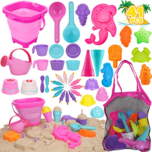Toy Life Collapsible Beach Toys For Toddler Kid, 40 Pcs Sand Toys For Kid Girl With Collapsible Sand Bucket Shovel, Sandbox Toy For Kid Toddler, Beach Foldable Bucket For Age 3-4-5-6-8-10(Ice Cream) #TOP6