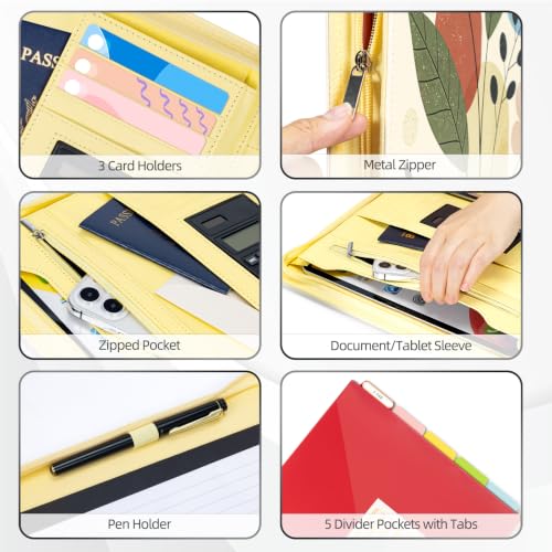 Image of Ospelelf Vintage Leather Portfolio Binder 3 Ring, Zippered Clipboard Folder with Storage - 5 Dividers with Pocket, Padfolio for Women,12.1 inch Tablet Sleeve, Refillable Notepad, Card Slot