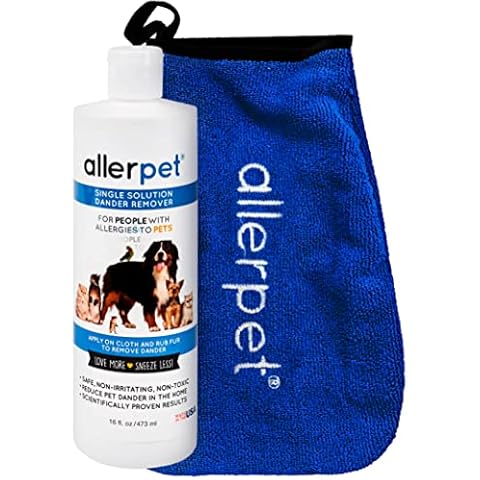 Allerpet Single Solution 16 fl oz Bottle Dander Remover for Pets - Relieves Allergies - Bonus Mitt to Easily Apply Solution to Your Pet Cover