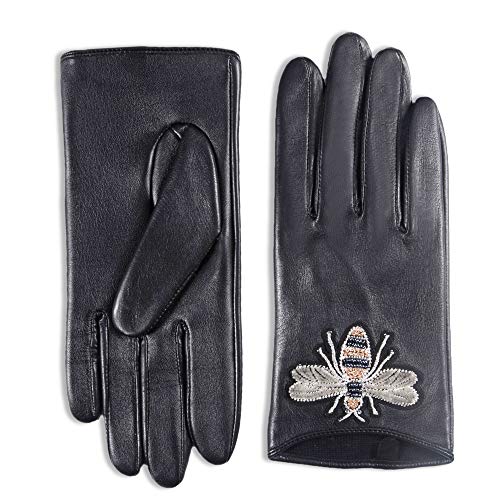 Preisvergleich Produktbild YISEVEN Damen Lederhandschuhe Gefüttert Touchscreen Winter Autofahrer Handschuhe Leder Damenhandschuhe Elegant Warm Lammfell Winterhandschuhe Frauen Smartphone Autohandschuhe, Schwarz Biene Klein / 6.5"