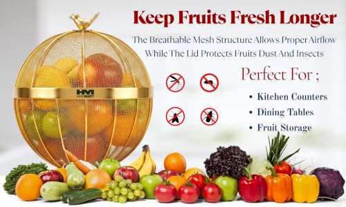 Image of Golden Premium Fruit Basket for Dining Table, Gold Fruit Basket with Lid & Bird Top, Decorative Fruit Basket for Kitchen Countertop, Fruits, Vegetables & Snacks