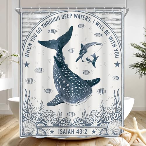 Riyidecor Whale Shark Christian Shower Curtain 60Wx72H Inch Fish Ocean Sea Undersea Animal Coral Seashell Botanical Blue Bible Verse Retro Bathroom Decor Fabric Polyester Waterproof 12 Pack Hooks