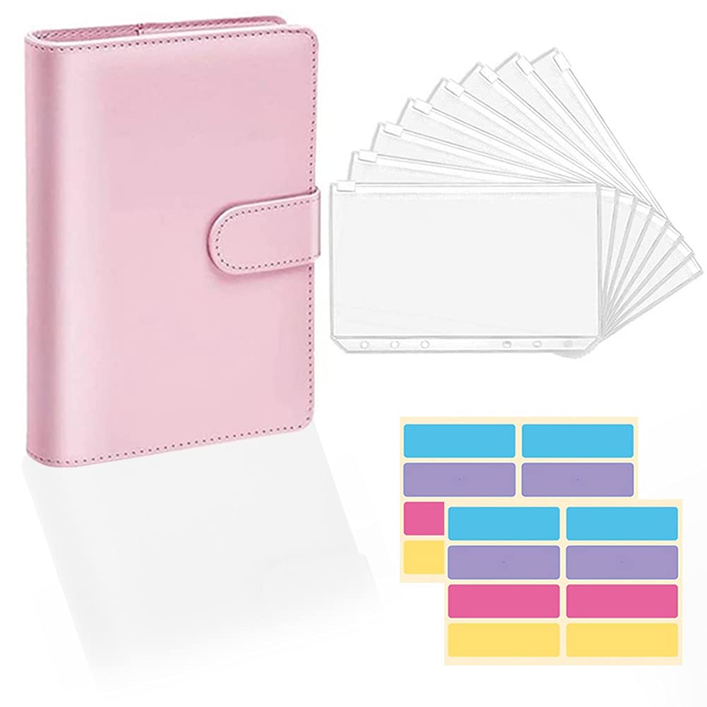 A6 Budget Binder-Leather Notebook Budget Planner with Clear Cash Envelopes and Label Stickers,Cash Organizer Wallet for Money Saving Travel Diary (Basic-25pcs-Pink)