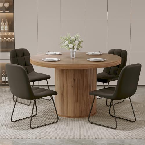 Image of HIPIHOM 5-Piece Dining Set for Small Spaces 43.3 inch Round Table & 4 PU Leather Chairs, Modern Farmhouse with Storage Shelf, Apartment Kitchen Easy Assembly