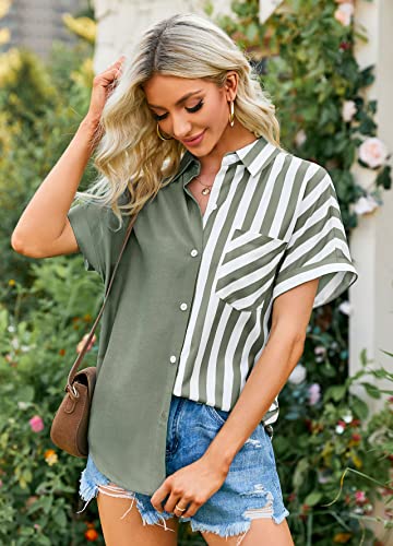 Blouses For Women Short Sleeve Button Down Shirts Casual V Neck Oversized Striped Patchwork Pockets Collared Summer Tops A-Army Green #TOP5