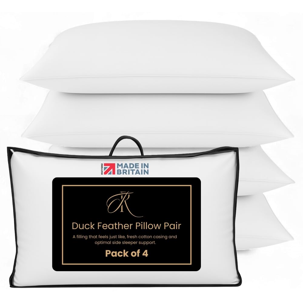 The Royce Duck Feather Pillows 4 Pack - 100% Cotton Cover Hotel Quality Luxury Bed Pillows - Medium Soft Supportive Pillows for Side & Back Sleepers - Hypoallergenic Pillows Made in Britain - 48x74cm