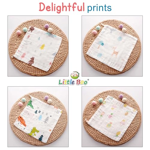 Image of Little Boo Muslin Face Hankies /Towels for Newborn Baby Extra Soft Reusable Napkins for Infants Toddlers /Kids (Pack of 5) White Printed.