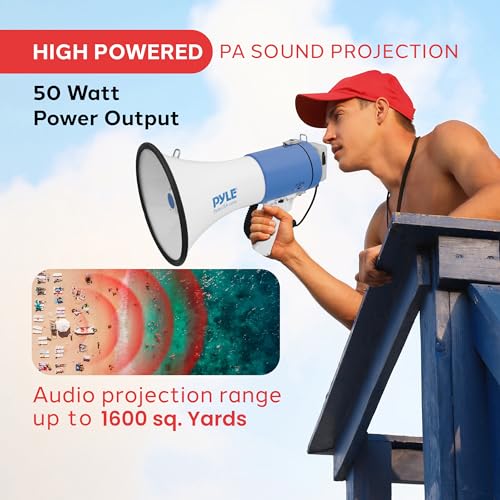 Image of Pyle Megaphone - Portable PA Bullhorn - Built-in Siren, 50W Adjustable Volume Control in 1200 Yard Range, Ideal for Any Outdoor Sports, Cheerleading Fans & Coaches Or Safety Drills