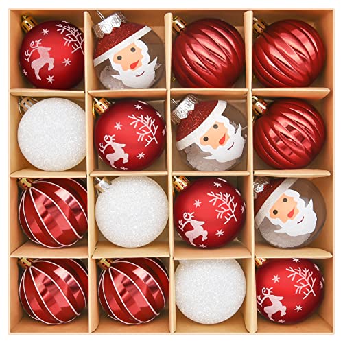 Elidepe Weihnachtskugeln, 16 Stück Christbaumschmuck, 6cm Weihnachtsbaumschmuck mit Aufhänger Christbaumkugeln Plastik Bruchsicher, Traditionelles Weihnachten Thema Rot Weiß Grün für Weihnachtsdeko Cover