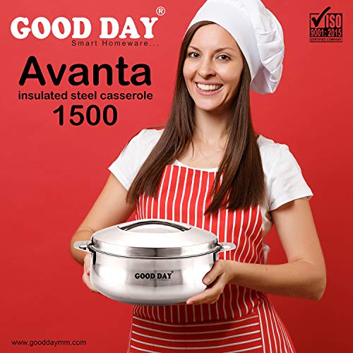 Image of Good Day Avanta-15 Insulated Stainless Steel Serving Casserole with Lid, 1500 ml, Silver