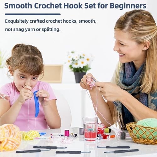 Image of Crochet Hook Set Ergonomic Soft Grip, Aluminum Crochet Needles Kit with Yarn, Stitch Markers, Needles & Case - Comfort Hooks for Beginners, Professionals & Arthritic Hands (black hook pouch kit)