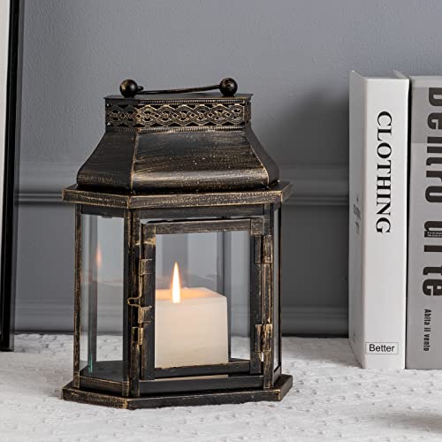 Decorkey Candle Lantern Decorative, Flat Hex Hanging Spring Home Decor, Vintage Metal Decorative Candle Lanterns For Outdoor Patio Wedding Party Black With Copper Brush #TOP29