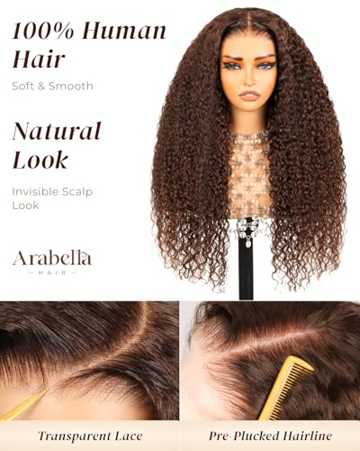 Image of Arabella Chocolate Brown Deep Wave Glueless Wigs Human Hair Pre Plucked Pre Cut 5x6 HD Lace 230% Density Bleached Knotes Colored Lace Frount Hair (26 Inch, Deep Curly Wig)